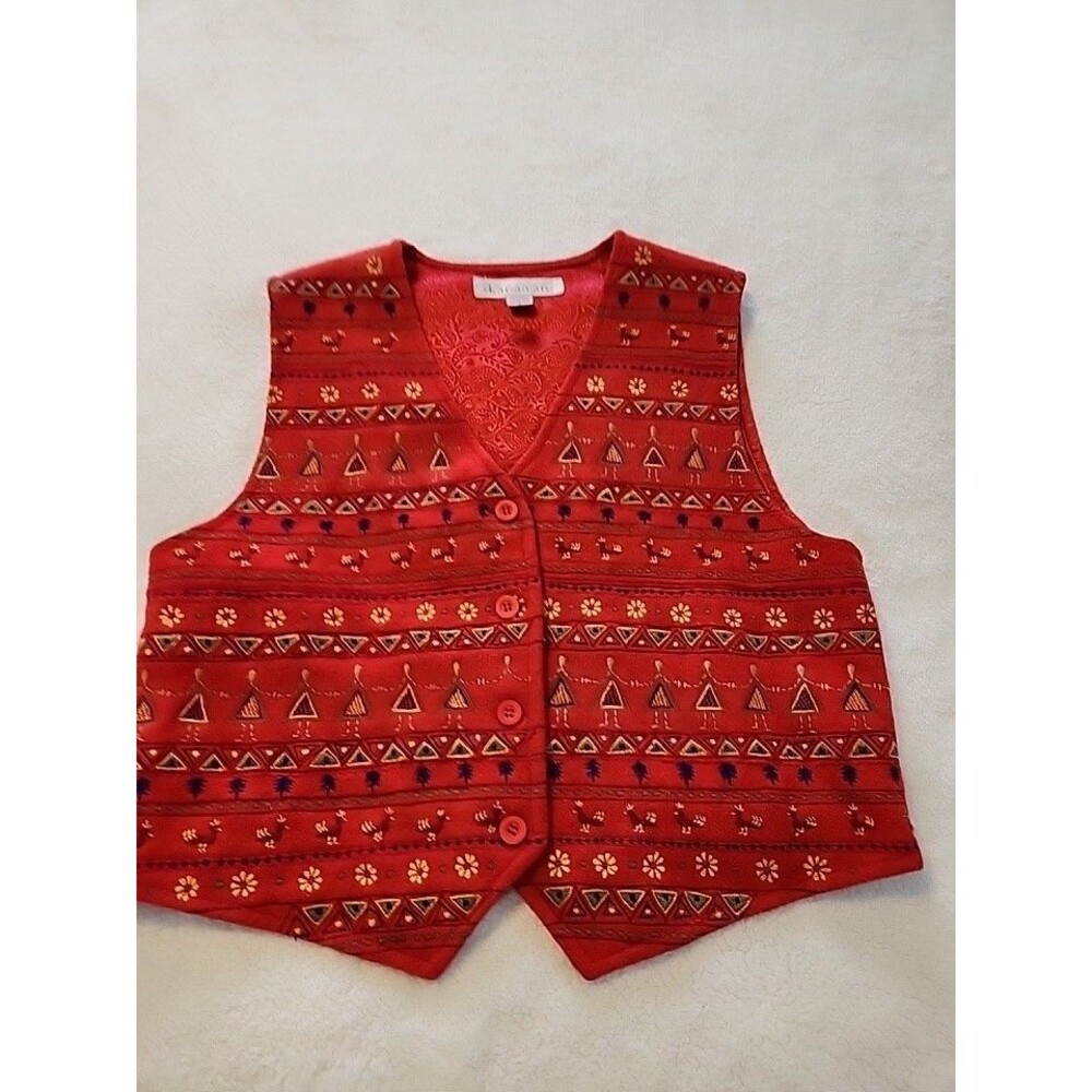 Karavan Red Embroidered Wool Blend Button Short Vest Boho Ethnic Festival Sz S